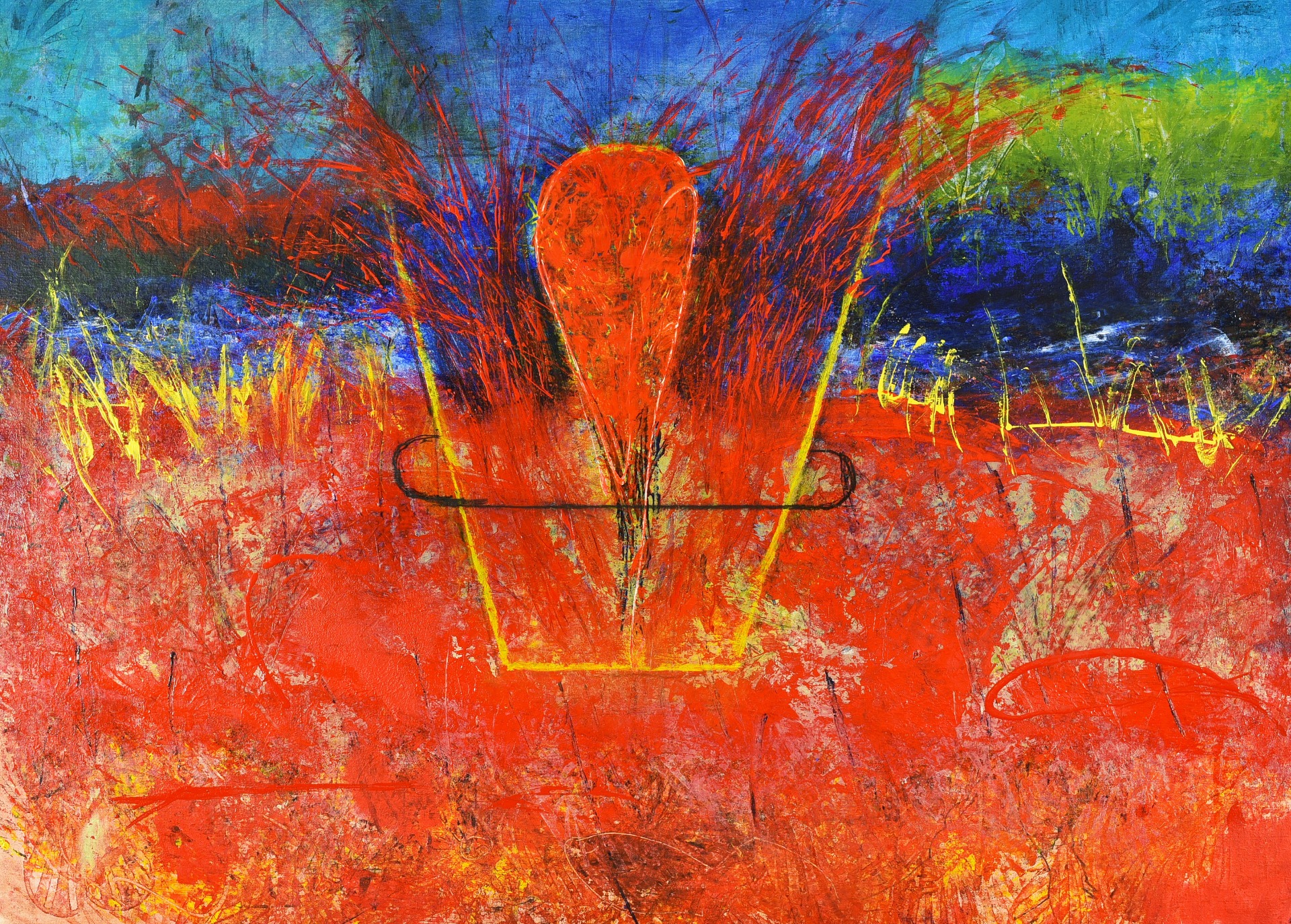 Abstrakt maleri med orange figur i midten, blå baggrund og røde, gule og grønne striber.